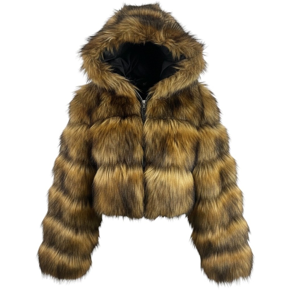 Women Faux Fox Fur Jacket Brown Black S Cropped Hooded Paneled Y2K Mob Wife